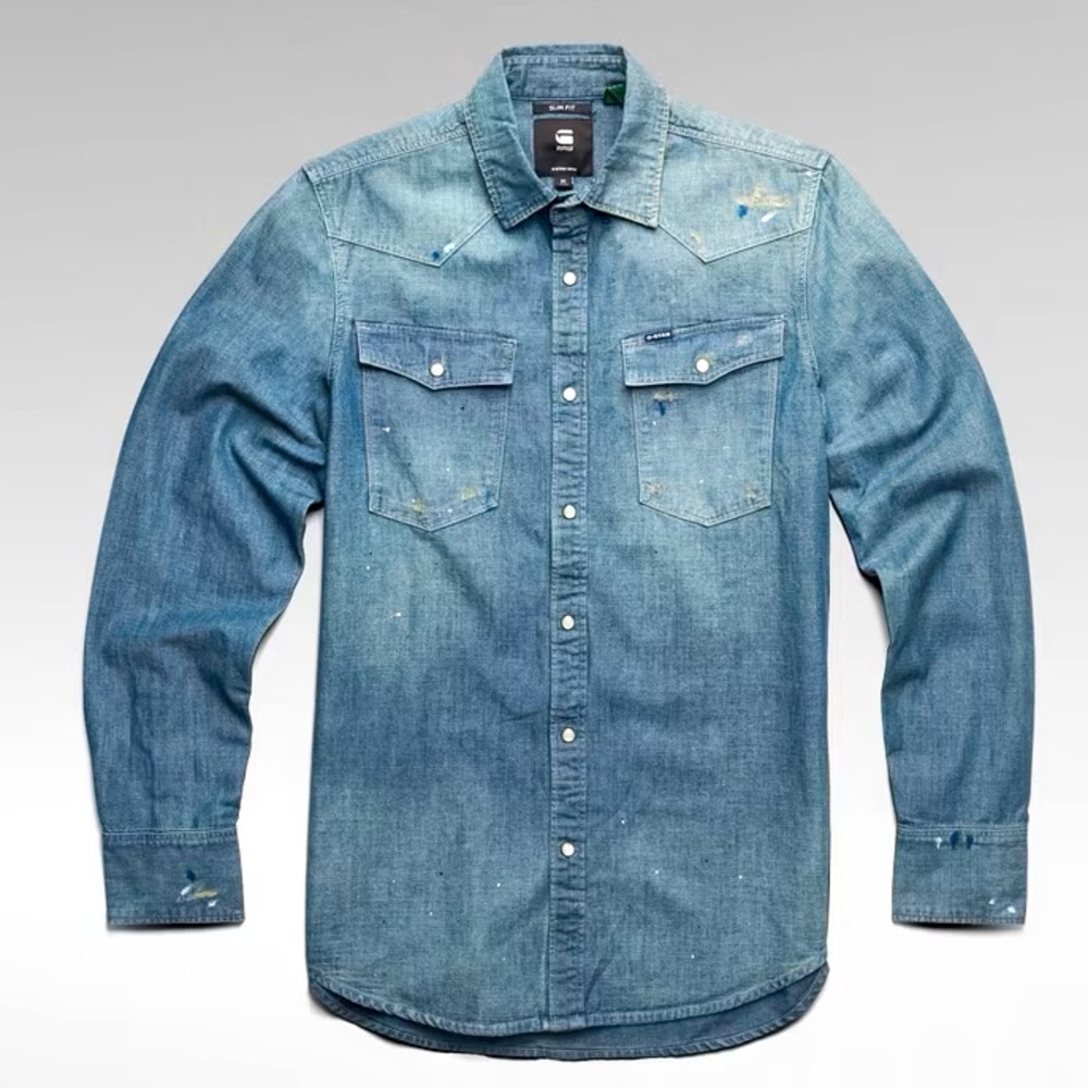 G-STAR RAW “3301 SLIM SHIRT” IN “ANTIC FADED AEGEAN BLUE PAINTED” XXL SLIM NWT!!